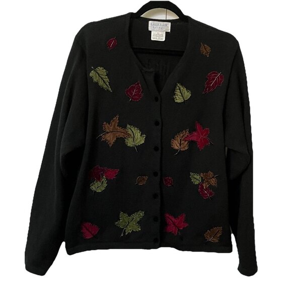 Vintage Rainbow Bridge Cardigan Womens XL Black Beaded Leaf Fall Autumn Granny - Picture 1 of 6